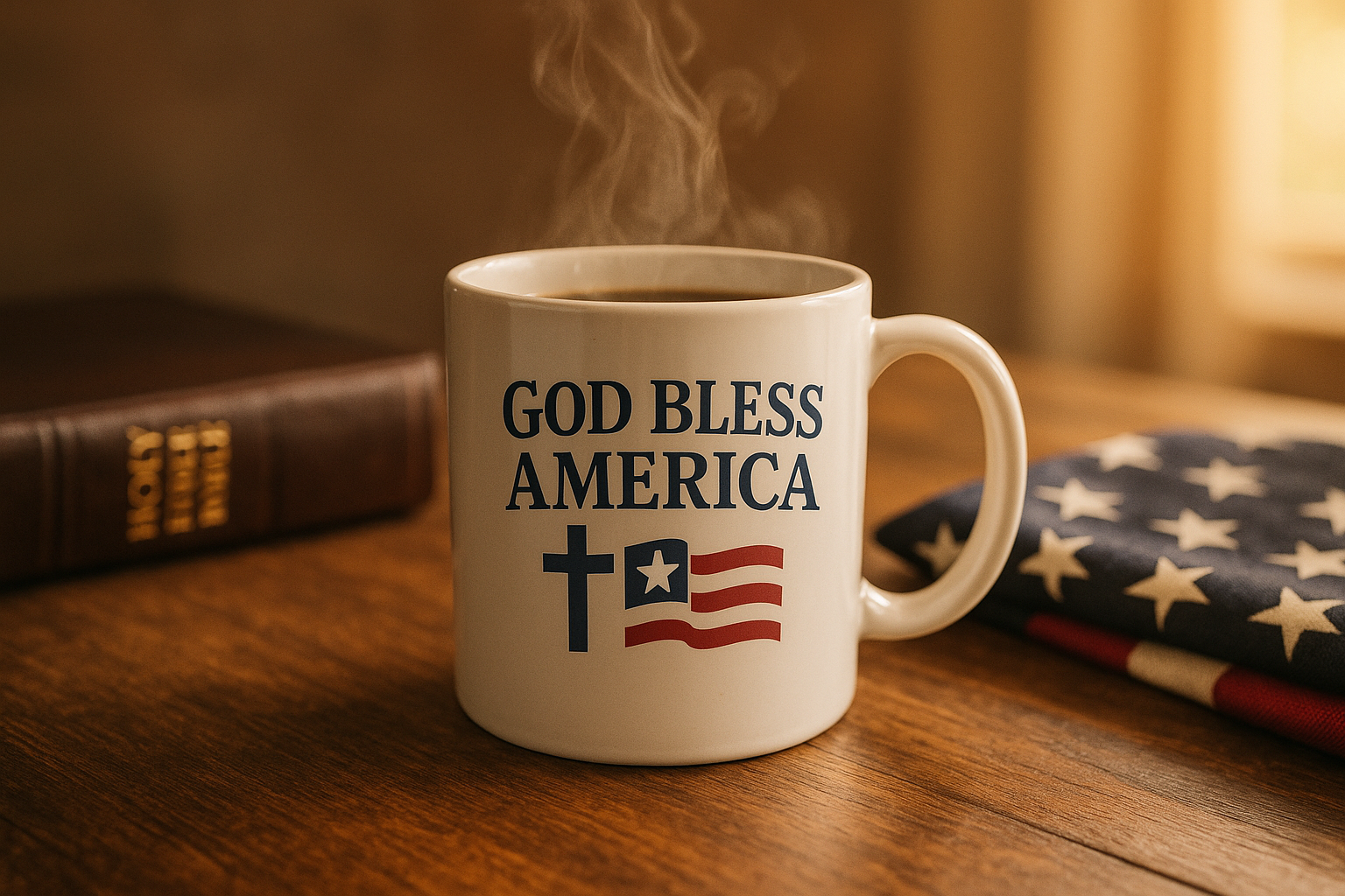 A ceramic coffee mug on a cozy wooden table, featuring the quote “God Bless America” with a subtle cross and flag design, steam rising from hot coffee, Bible and folded flag nearby, warm morning light, patriotic Christian theme — image size 1200×1200
